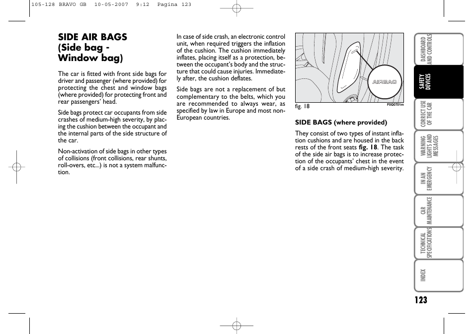 123 side air bags (side bag - window bag) | FIAT Bravo User Manual | Page 124 / 246