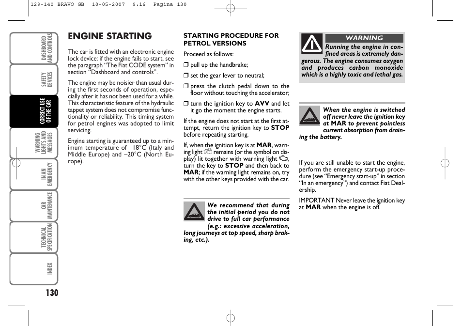 Engine starting | FIAT Bravo User Manual | Page 131 / 246