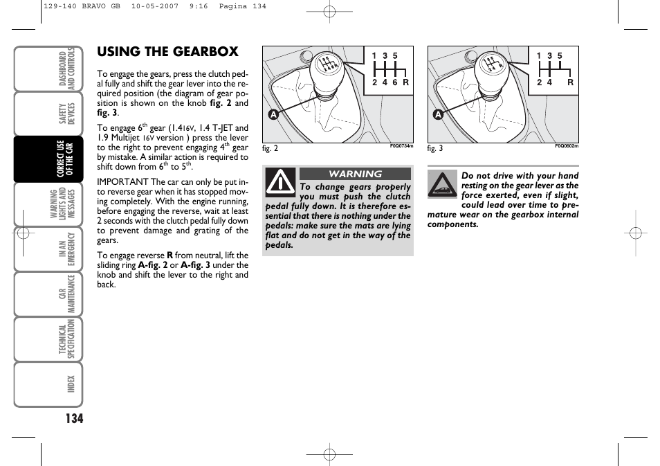 Using the gearbox | FIAT Bravo User Manual | Page 135 / 246