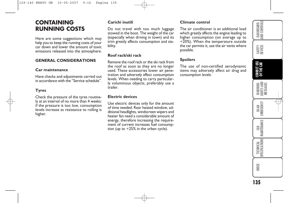 Containing running costs | FIAT Bravo User Manual | Page 136 / 246