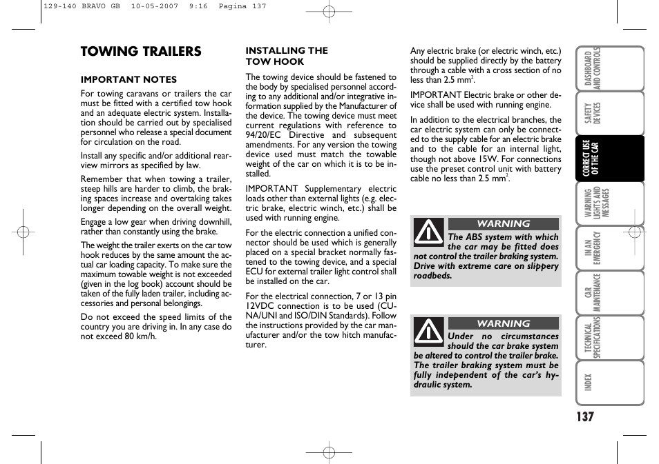 Towing trailers | FIAT Bravo User Manual | Page 138 / 246