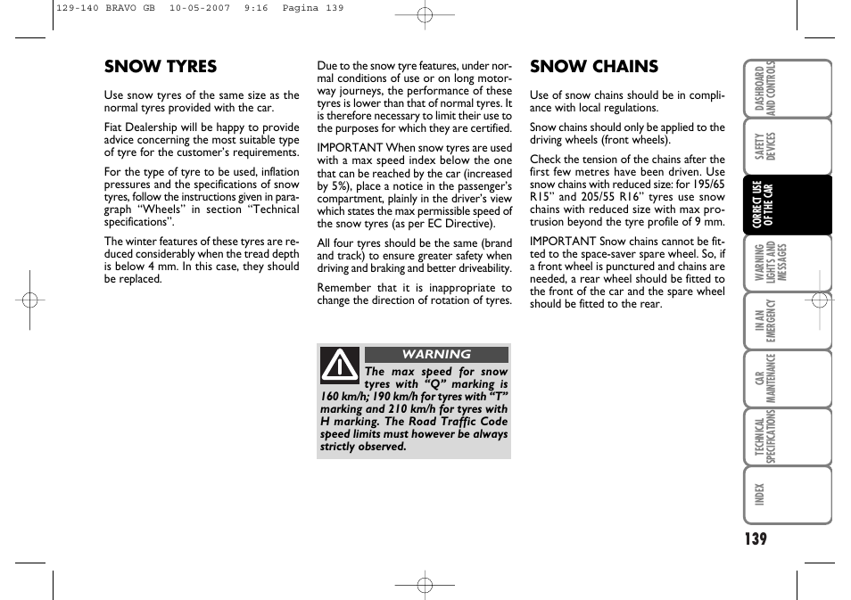 Snow tyres, Snow chains | FIAT Bravo User Manual | Page 140 / 246