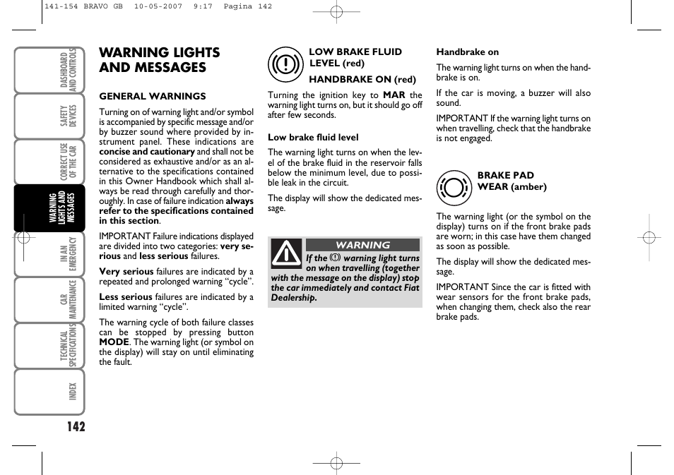 Warning lights and messages | FIAT Bravo User Manual | Page 143 / 246