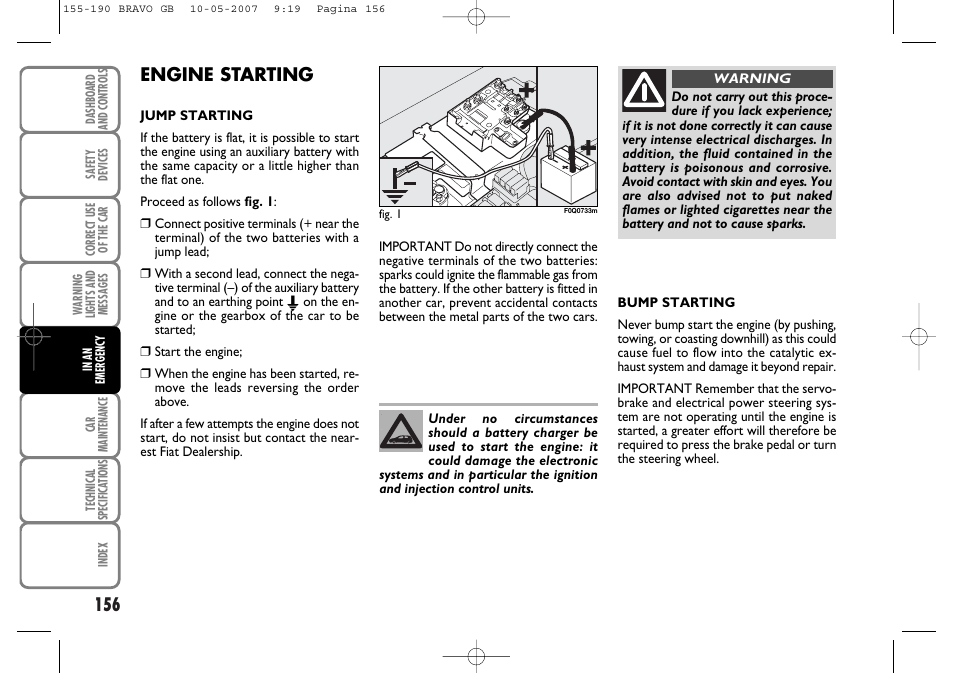 Engine starting | FIAT Bravo User Manual | Page 157 / 246