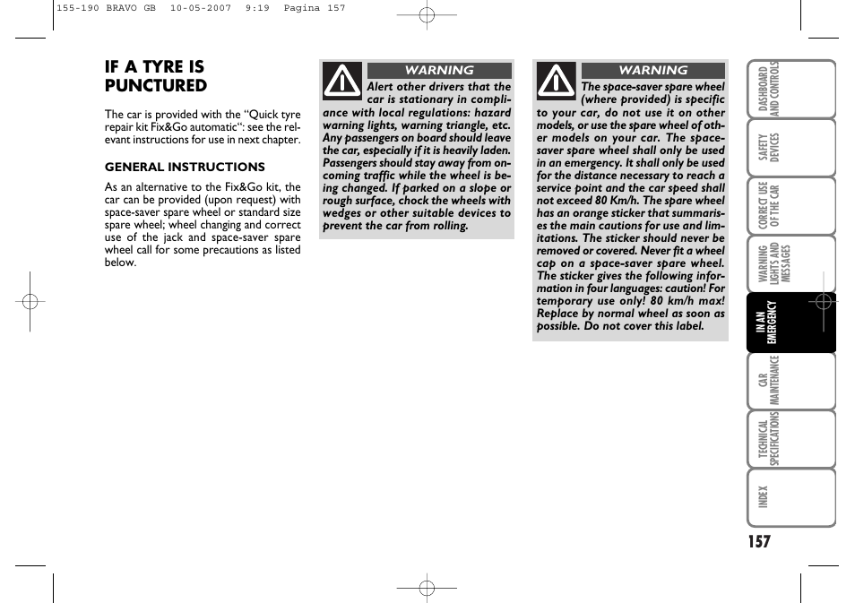 If a tyre is punctured | FIAT Bravo User Manual | Page 158 / 246