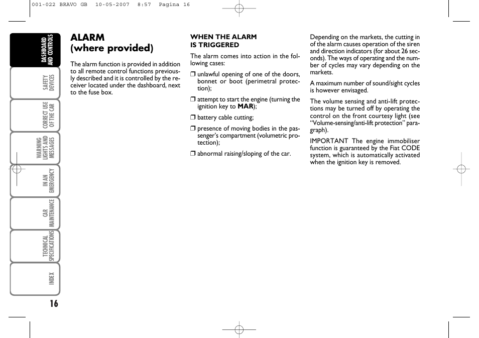 Alarm (where provided) | FIAT Bravo User Manual | Page 17 / 246