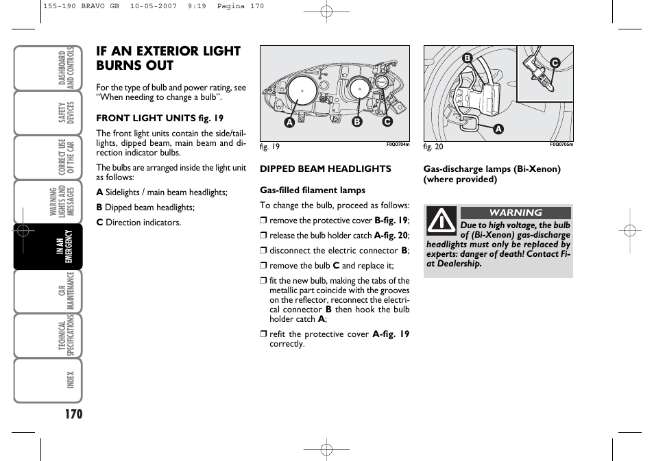 If an exterior light burns out | FIAT Bravo User Manual | Page 171 / 246