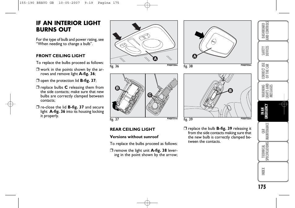 If an interior light burns out | FIAT Bravo User Manual | Page 176 / 246