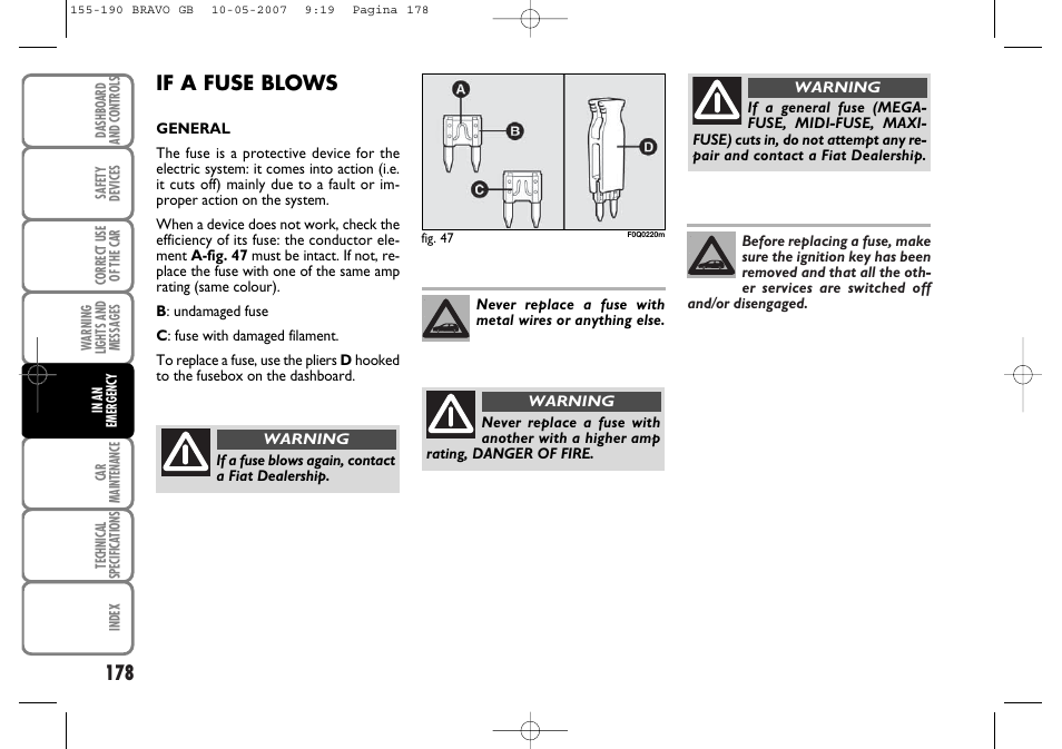 If a fuse blows | FIAT Bravo User Manual | Page 179 / 246