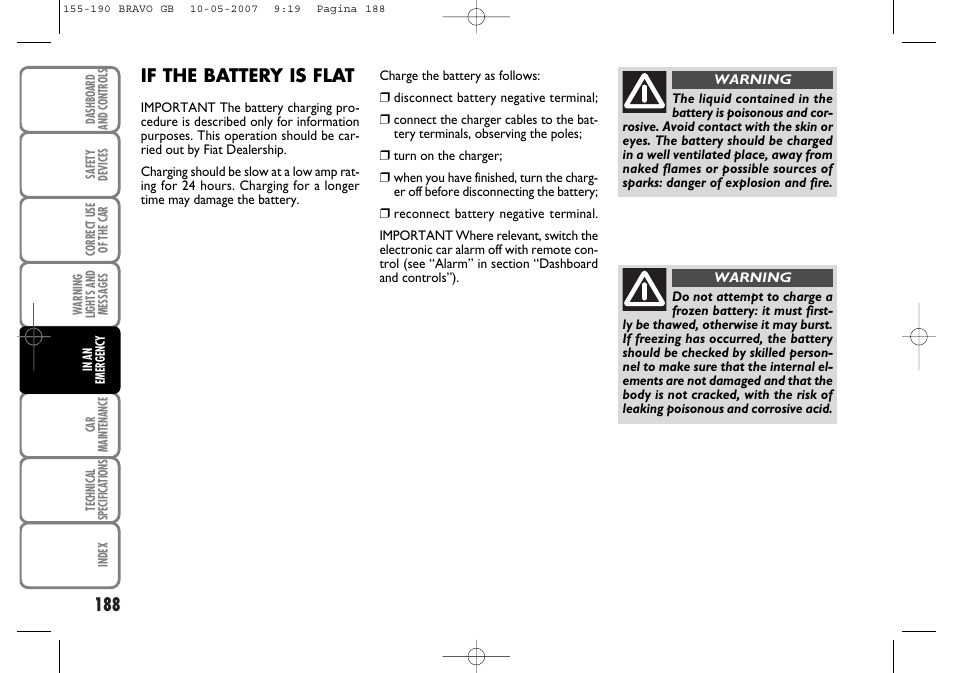 If the battery is flat | FIAT Bravo User Manual | Page 189 / 246