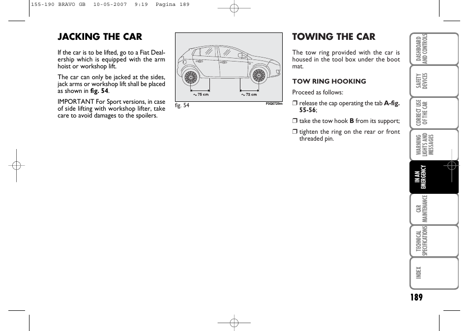 Towing the car, Jacking the car | FIAT Bravo User Manual | Page 190 / 246