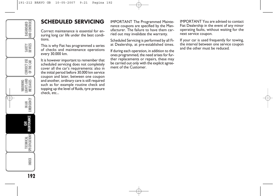 Scheduled servicing | FIAT Bravo User Manual | Page 193 / 246