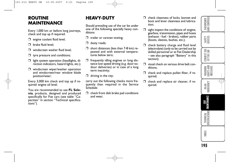 Routine maintenance, Heavy-duty | FIAT Bravo User Manual | Page 196 / 246