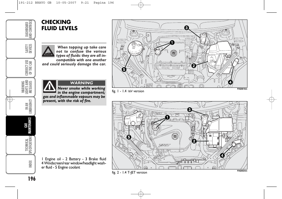 Checking fluid levels | FIAT Bravo User Manual | Page 197 / 246