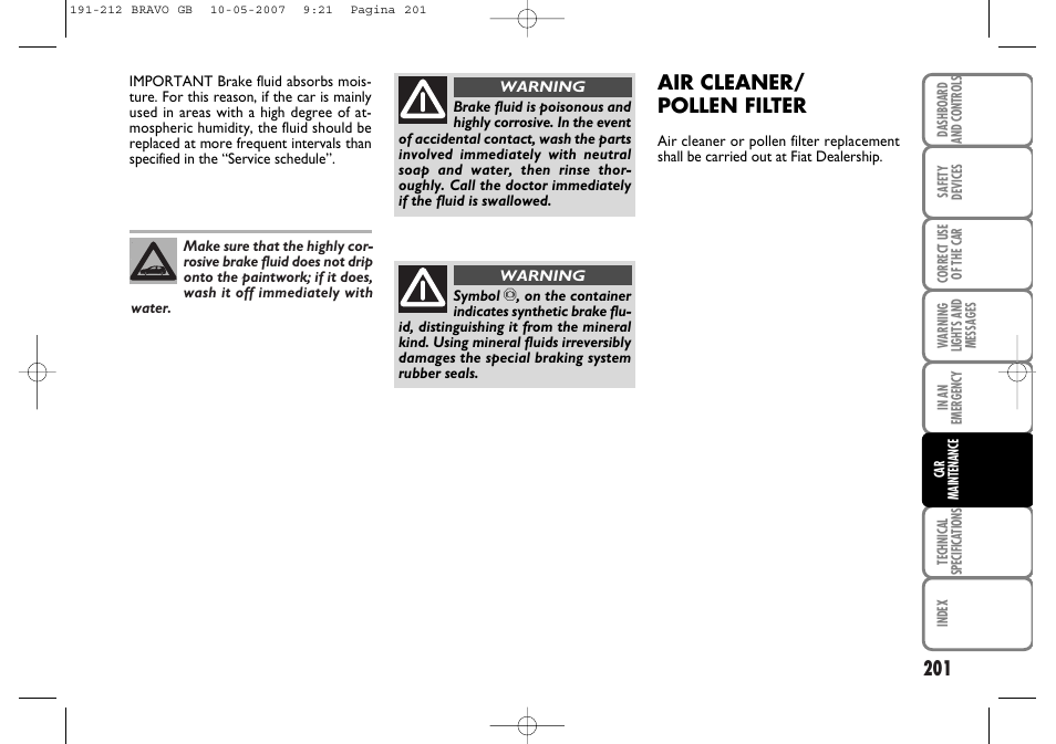 Air cleaner/ pollen filter | FIAT Bravo User Manual | Page 202 / 246