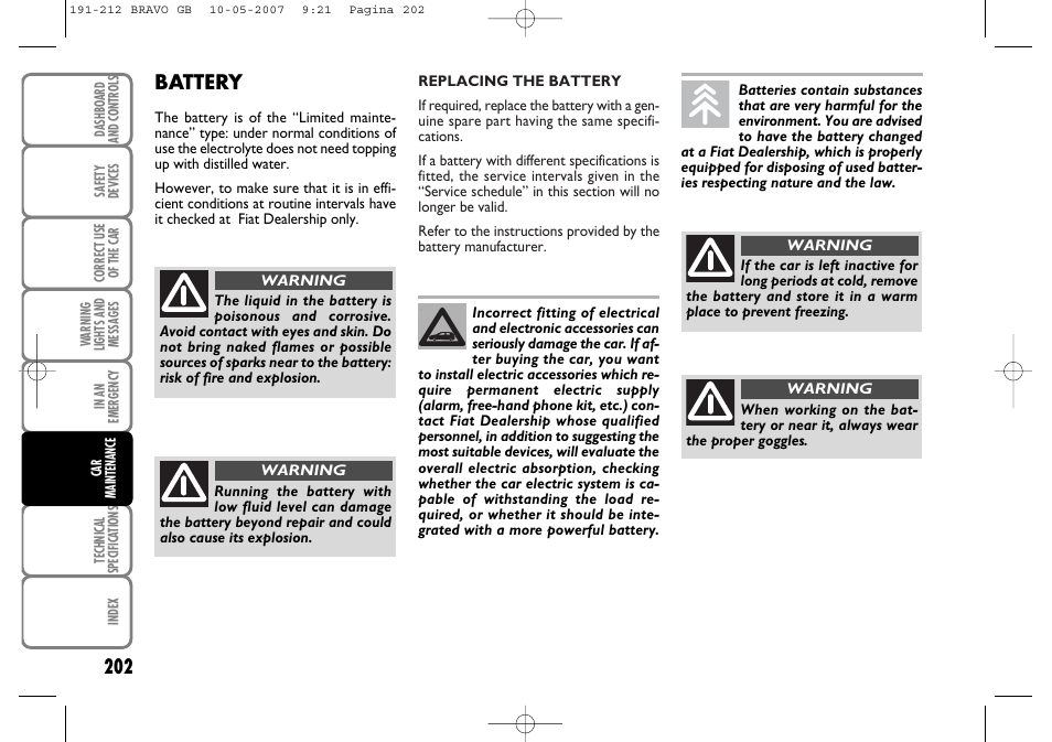 Battery | FIAT Bravo User Manual | Page 203 / 246