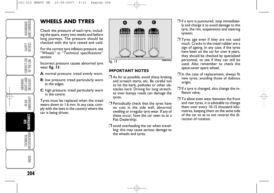 Wheels and tyres | FIAT Bravo User Manual | Page 205 / 246