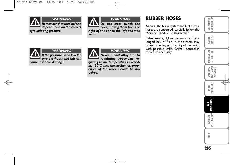 Rubber hoses | FIAT Bravo User Manual | Page 206 / 246