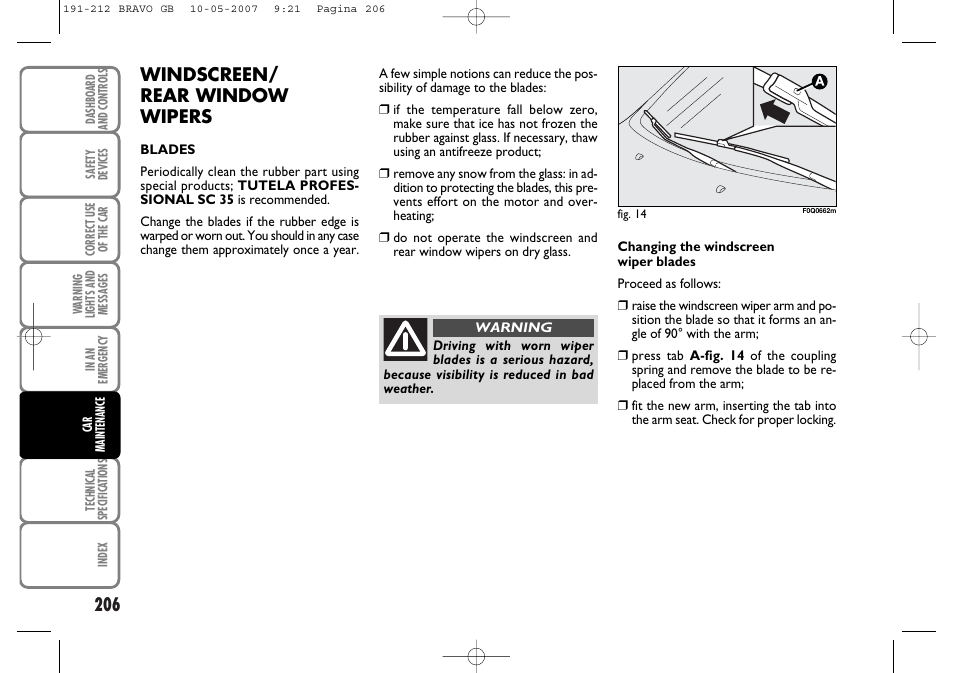 Windscreen/ rear window wipers | FIAT Bravo User Manual | Page 207 / 246