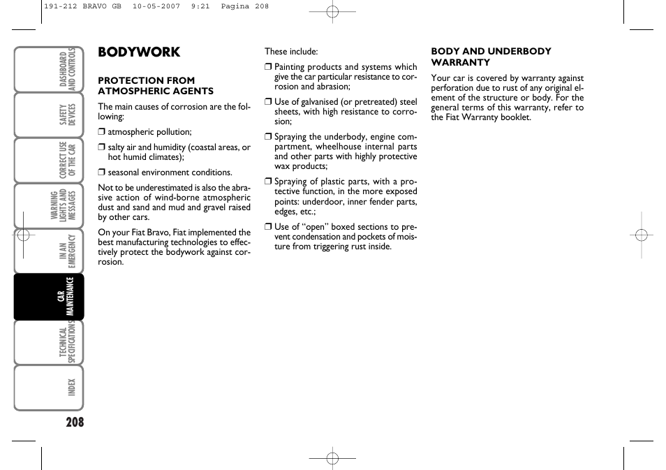 Bodywork | FIAT Bravo User Manual | Page 209 / 246