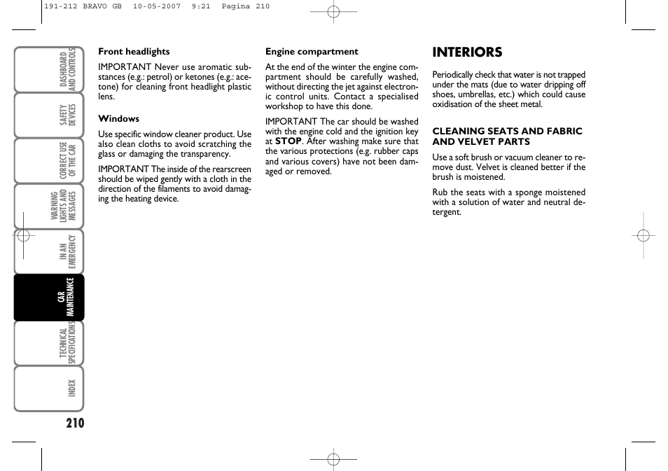 Interiors | FIAT Bravo User Manual | Page 211 / 246