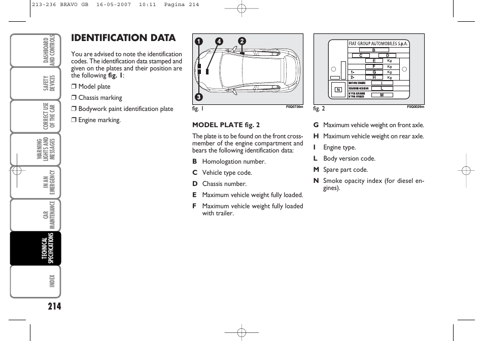 Identification data | FIAT Bravo User Manual | Page 215 / 246