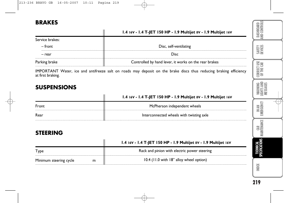 Suspensions, Brakes, Steering | FIAT Bravo User Manual | Page 220 / 246