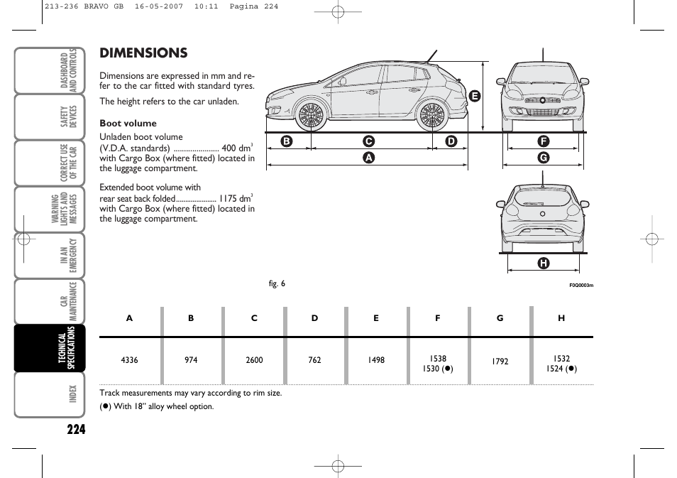 Dimensions | FIAT Bravo User Manual | Page 225 / 246