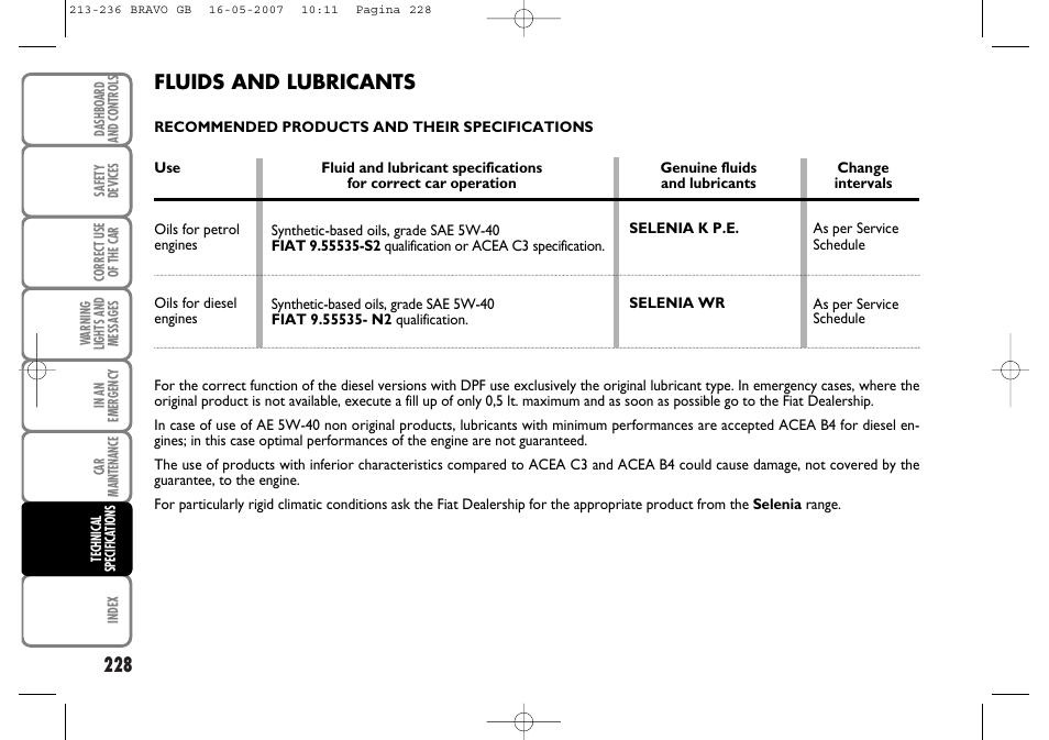 Fluids and lubricants | FIAT Bravo User Manual | Page 229 / 246