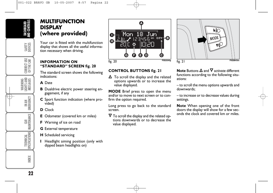 Multifunction display (where provided) | FIAT Bravo User Manual | Page 23 / 246