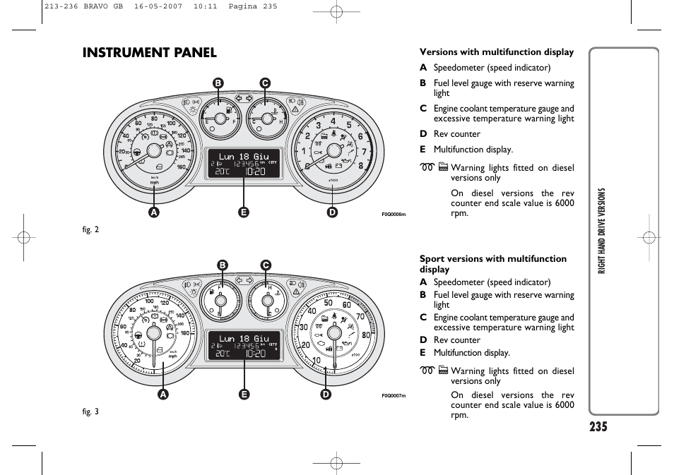 Instrument panel | FIAT Bravo User Manual | Page 236 / 246