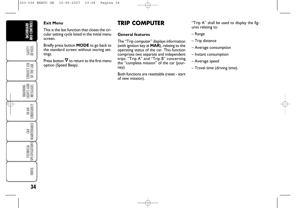 Trip computer | FIAT Bravo User Manual | Page 35 / 246