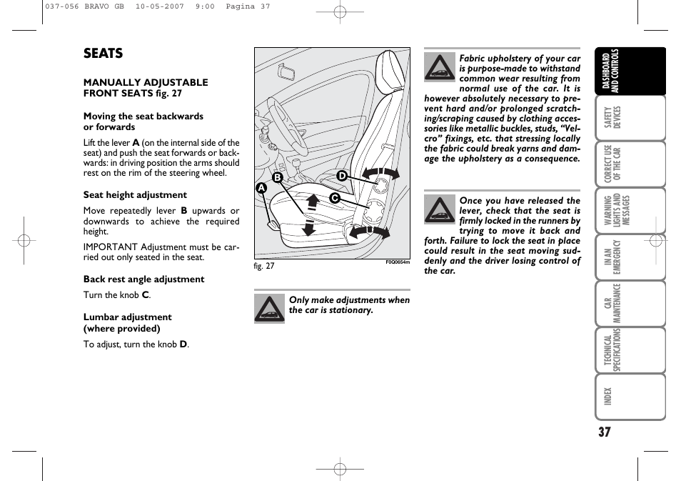 Seats | FIAT Bravo User Manual | Page 38 / 246