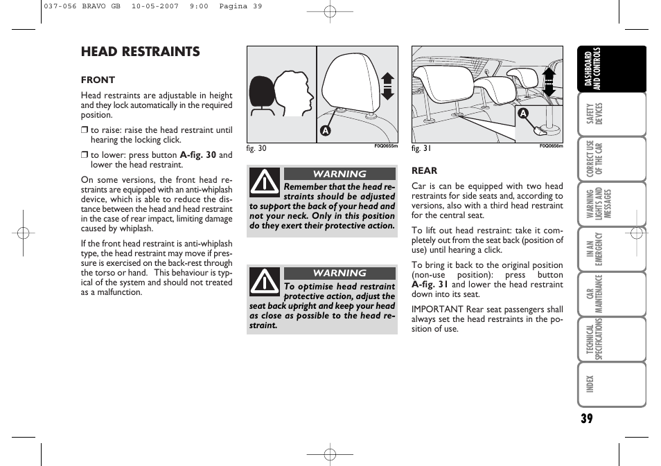 Head restraints | FIAT Bravo User Manual | Page 40 / 246