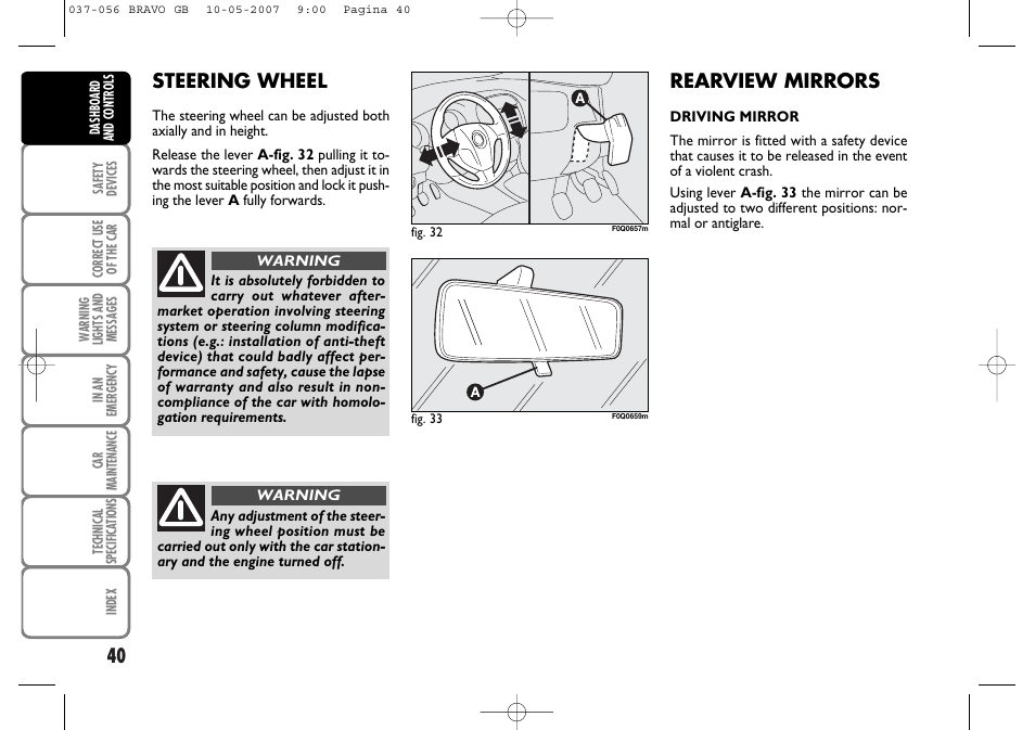 Steering wheel, Rearview mirrors | FIAT Bravo User Manual | Page 41 / 246