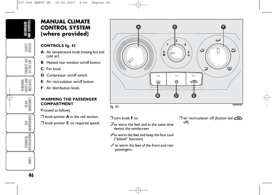 Manual climate control system (where provided) | FIAT Bravo User Manual | Page 47 / 246