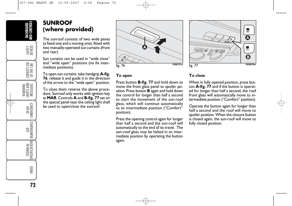 Sunroof (where provided) | FIAT Bravo User Manual | Page 73 / 246