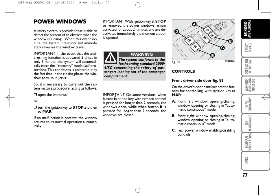 Power windows | FIAT Bravo User Manual | Page 78 / 246