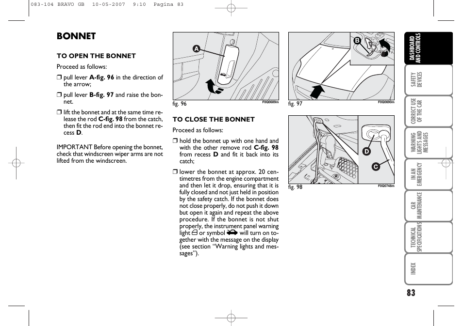 Bonnet | FIAT Bravo User Manual | Page 84 / 246