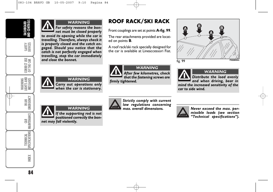 Roof rack/ski rack | FIAT Bravo User Manual | Page 85 / 246