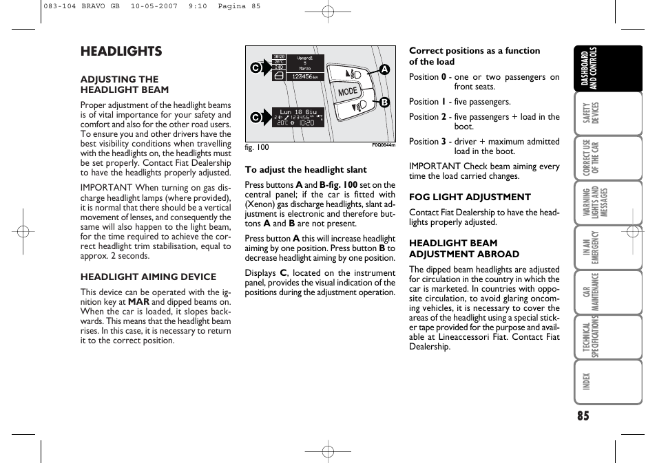 Headlights | FIAT Bravo User Manual | Page 86 / 246