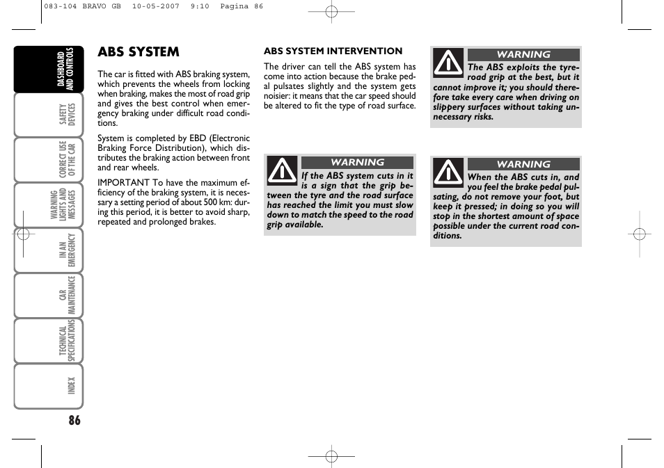 Abs system | FIAT Bravo User Manual | Page 87 / 246