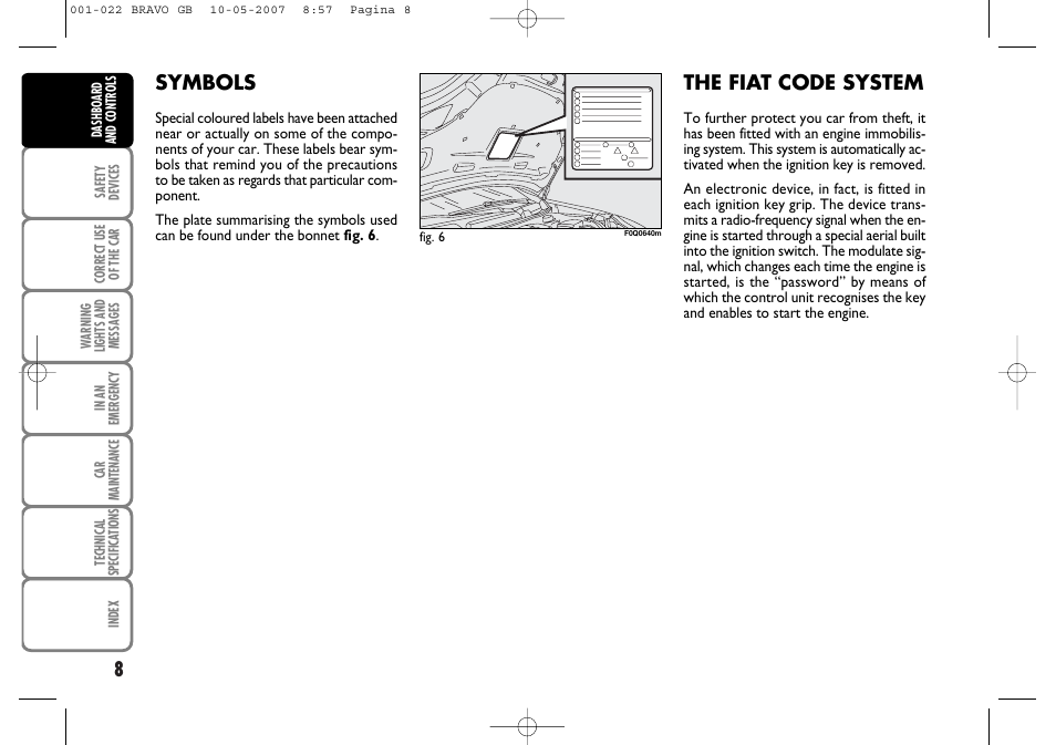 Symbols, The fiat code system | FIAT Bravo User Manual | Page 9 / 246