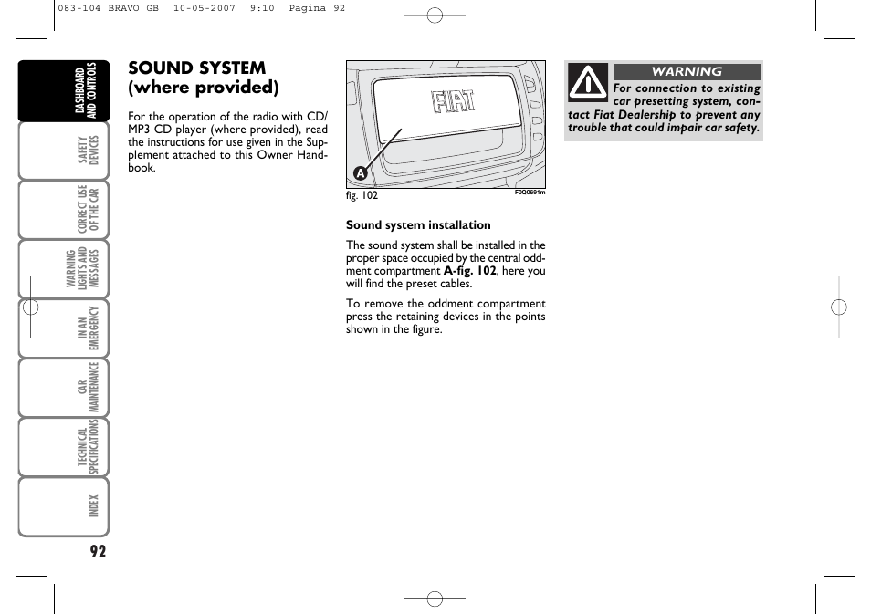 Sound system (where provided) | FIAT Bravo User Manual | Page 93 / 246