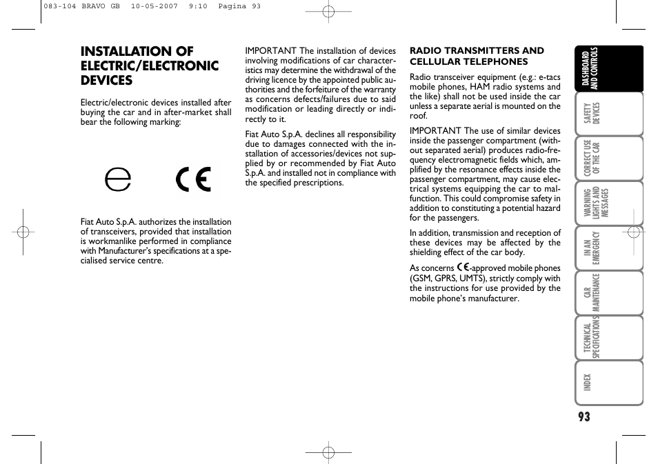 Installation of electric/electronic devices | FIAT Bravo User Manual | Page 94 / 246