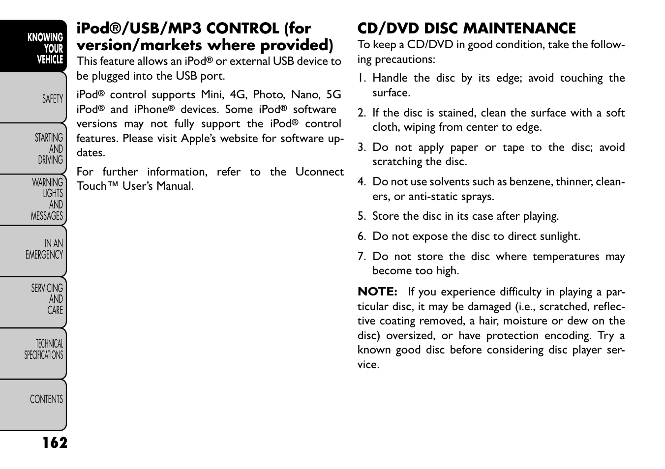 Cd/dvd disc maintenance | FIAT Freemont User Manual | Page 168 / 352