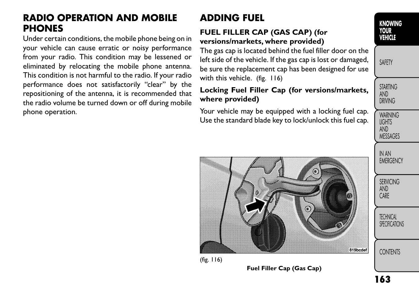 Radio operation and mobile phones, Adding fuel | FIAT Freemont User Manual | Page 169 / 352