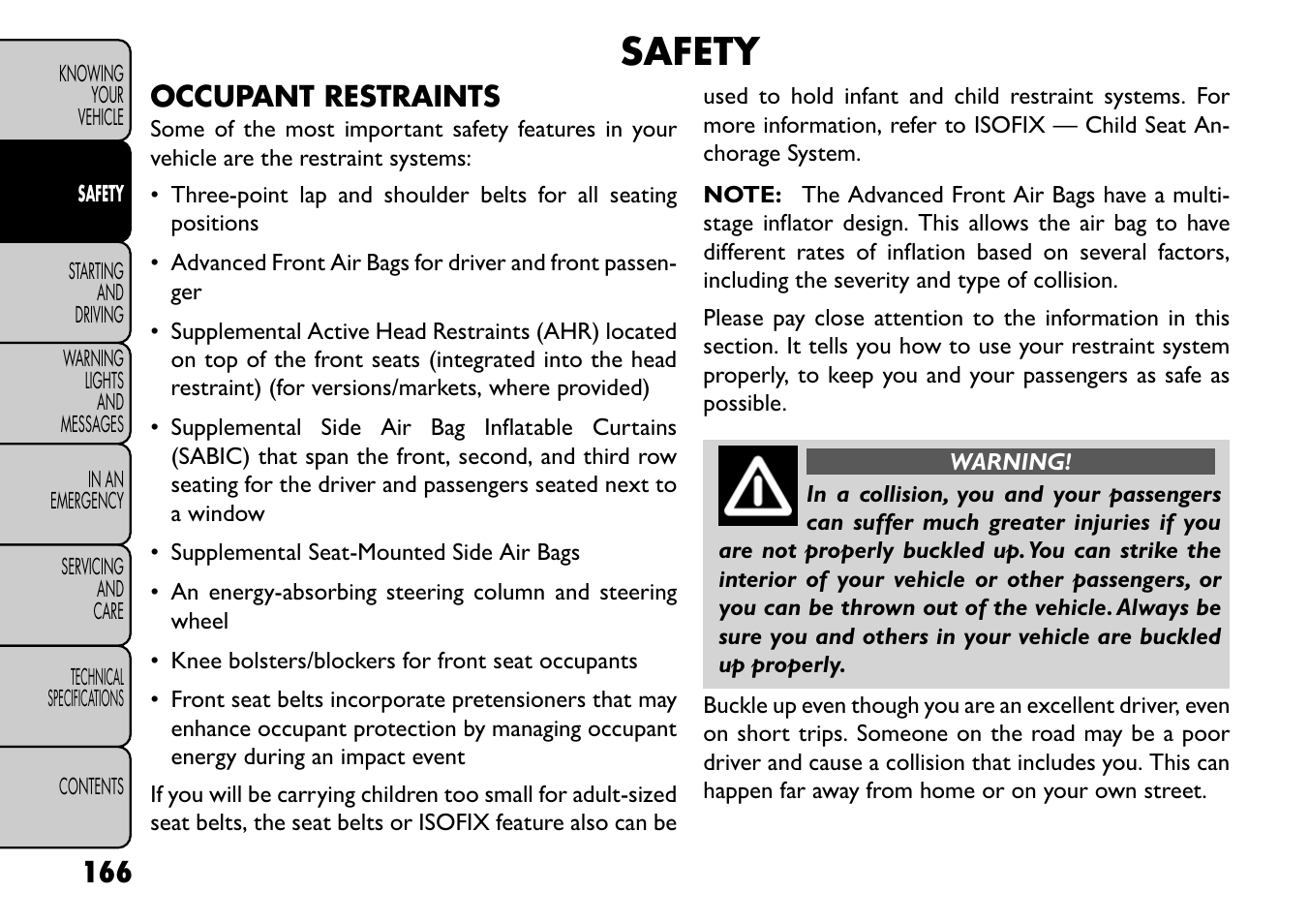 Safety, Occupant restraints | FIAT Freemont User Manual | Page 172 / 352