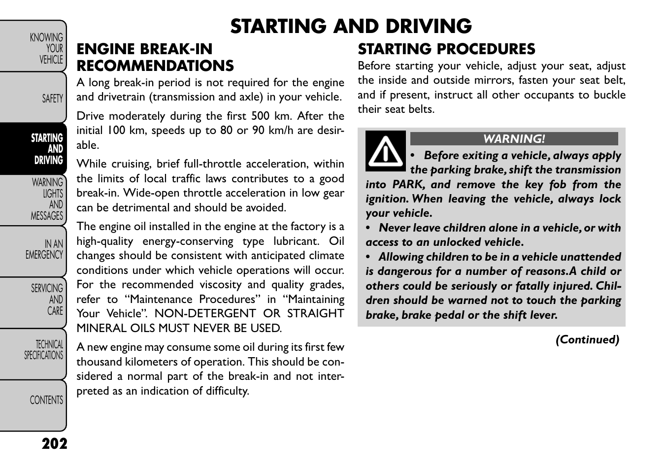 Starting and driving, Engine break-in recommendations, Starting procedures | FIAT Freemont User Manual | Page 208 / 352