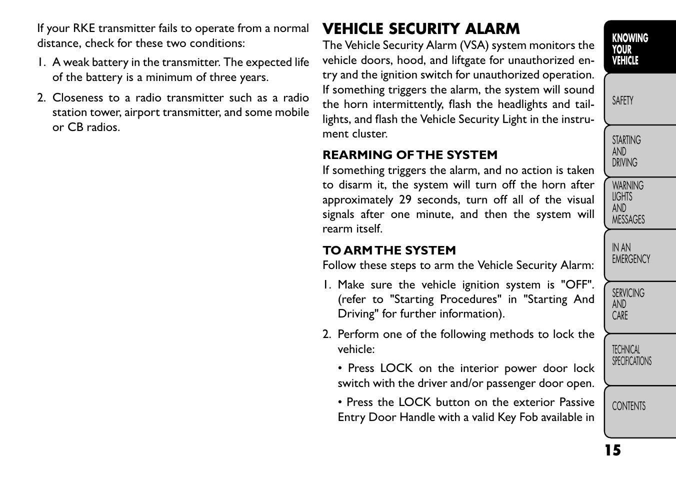 Vehicle security alarm | FIAT Freemont User Manual | Page 21 / 352